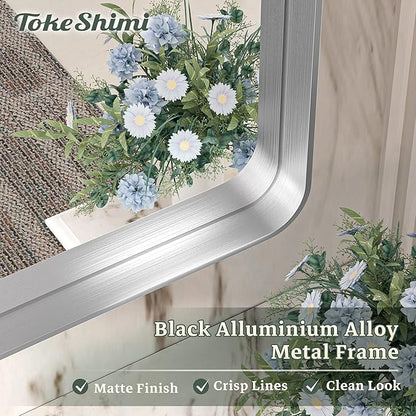 TokeShimi 24 x 32 Inch Brushed Silver Bathroom Mirror for Wall Brushed Brass Metal Rounded Corner Rectangle Mirror Metal Frame Deep Set Design Hangs Horizontal Or Vertical