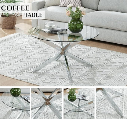 Round Glass Coffee Tables for Living Room, Home Office, Modern & Simple Center Table with Clear Tempered Glass Top, 35.5" Wx19.7 H Silver