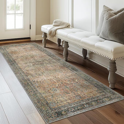 2X5 Area Rugs Machine Washable Rugs for Living Room, Vintage Boho Large Rugs for Bedroom Dining Room, Non Slip Indoor Soft Distressed Lightweight Thin Low Pile Carpet, Vintage Sunset