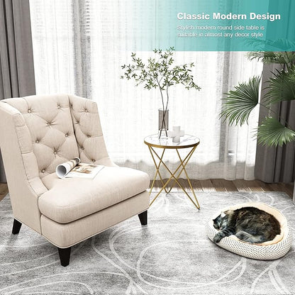 HLR Modern Round Side Table, End Table with Marble Effect Top and Gold Metal Frame, Small Side Table for Living Room, Bedroom, Sofa and Couch, Gold Legs, White Marble top