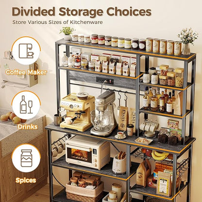 SUPERJARE Larger Bakers Rack with Power Outlets, 6-Tier Microwave Stand, Coffee Bar with 12 S-Shaped Hooks, Kitchen Shelf with Wire Basket, 47.2 x 15.5x 66.9 Inches, Grey
