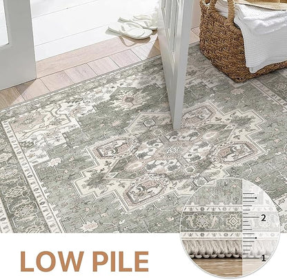 GENIMO 9x12 Area Rugs for Living Room, Non Slip Machine Washable Vintage Rugs, Low Pile Lightweight Chenille Print Large Rug for Bedroom, Dining Room, Home Office, Moonlight
