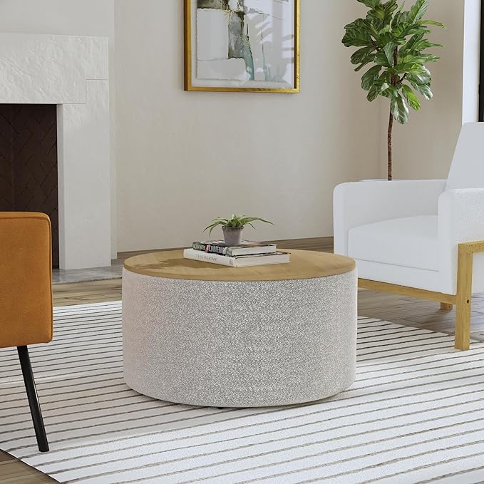 HomePop Modern Fabric Storage Ottoman with Wood Top -White Cream Boucle with Gray Yarn