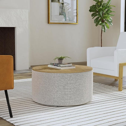 HomePop Modern Fabric Storage Ottoman with Wood Top -White Cream Boucle with Gray Yarn