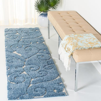 SAFAVIEH Florida Shag Collection Runner Rug - 2'3" x 17', Light Blue & Cream, Scroll Design, Non-Shedding & Easy Care, 1.2-inch Thick Ideal for High Traffic Areas in Living Room, Bedroom (SG455-6011)