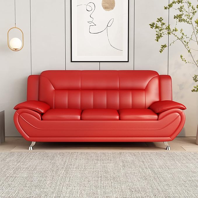 Container Furniture Direct Michael Modern Faux Leather Upholstered Stainless Steel Legs Living Room Sofa, Chair, Persian Red