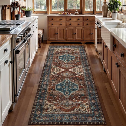 Tangsoo 2x6 Washable Runner Rug for Hallways, Non Slip Vintage Runner Rug, Soft Low Pile Long Rug Runner, Print Distressed Carpet Runners for Kitchen Bedroom Entryway Bathroom Living Room Rust