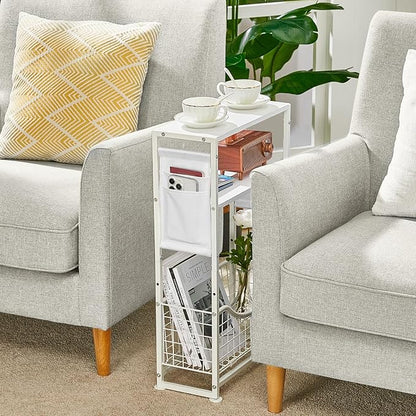 Narrow Side Table, Skinny Small End Tables with Magazine Holder, 3 Tier Small Sofa Side Table for Smalls Spaces, Sofa Couch Tables Bedside Table for Living Room Bedroom Office