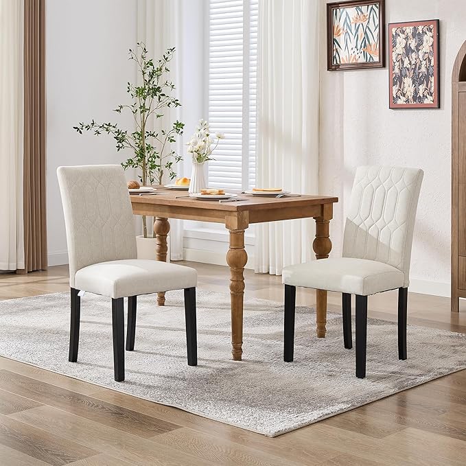VECELO Upholstered Dining Chairs Set of 2, Modern Accent Parsons with Comfort Seat, Solid Wood Legs w/Rubber Footpads, for Living Room Kitchen, Beige