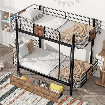 Twin XL Over Twin XL Metal Bunk Bed with MDF Board Guardrail,an Integrated Ladder,Full-Length Guardrails and Two Storage Drawers,Industrial Modern bunk-Bed,No Box Spring Needed,Black