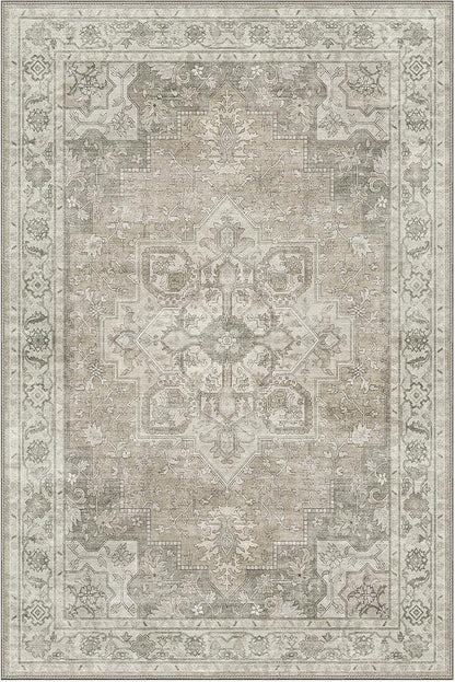 GENIMO 8x10 Area Rugs for Living Room, Machine Washable Non Slip Vintage Rugs, Low Pile Lightweight Chenille Print Rug for Bedroom, Dining Room, Home Office, Trench