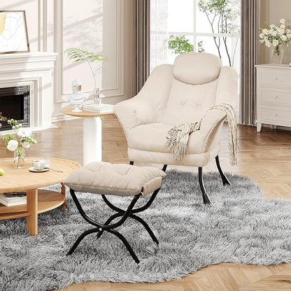 IDEALHOUSE Lazy Chair with Ottoman - Modern Living Room Chairs for Small Spaces, Ergonomic Reading Chair with Armrests, Comfy Chair with Ottoman for Bedroom & Living Room, Beige