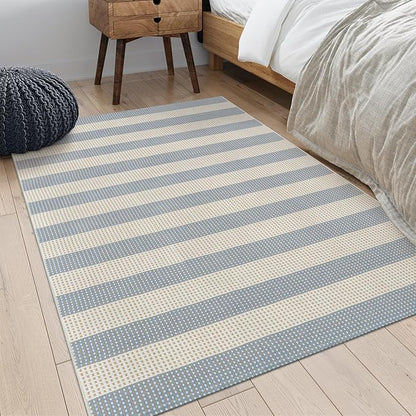 OJIA Washable Area Rugs 4'x6', Striped Outdoor Rug Cotton Woven Entryway Rugs Indoor Patio Rugs Carpet Large Area Rugs for Bedroom/Porch/Deck/Backyard/Camping/Living Room (Blue/White/Tan)