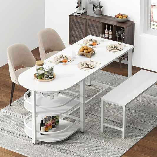 soges Dining Table for 4-6 Person, 71 inch Long Kitchen Dining Table for Living Room and Dining Room, Dinner Table with Storage Shelf & Cup Holder, Metal Legs(Only Table), White
