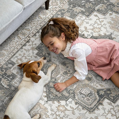 GENIMO 2x12 Runner Rugs for Hallway, Machine Washable Non Slip Vintage Rugs, Low Pile Lightweight Soft Print Rug for enrtyway, Corridor, Home Office, Kitchen, Heathered Grey