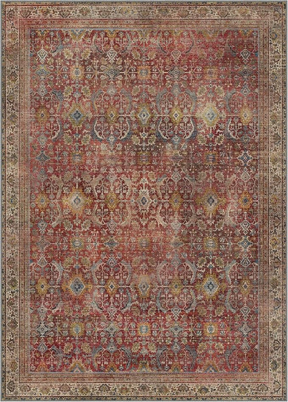 8X10 Area Rugs Machine Washable Rugs for Living Room, Vintage Boho Large Rugs for Bedroom Dining Room, Non Slip Indoor Soft Distressed Lightweight Thin Low Pile Carpet, Rust Red