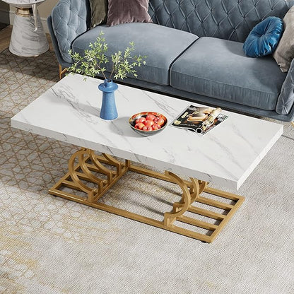 Tribesigns Modern Coffee Table, 47 Inch Faux Marble Cocktail Table with Geometric Frame, Rectangular Center Table Tea Table Accent Furniture for Living Room, Simple Assembly (White/Gold)