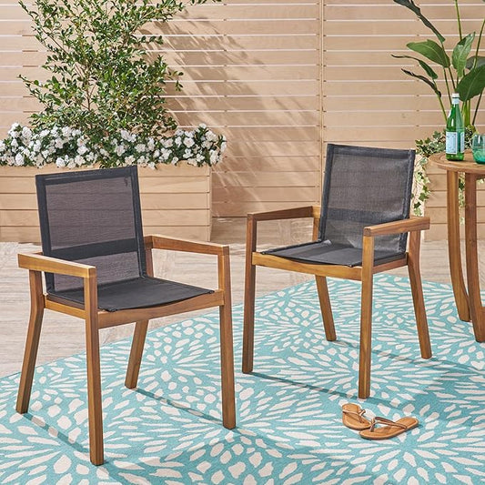 Merax Mesh Seating Solid Wood Dining Chairs Set of 2, French Country Style Accent Side Seating Furniture for Kitchen, Living Room, Textile Back,Teak