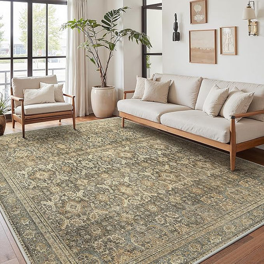 8X10 Area Rugs Machine Washable Rugs for Living Room, Vintage Boho Large Rugs for Bedroom Dining Room, Non Slip Indoor Soft Distressed Lightweight Thin Low Pile Carpet, Brown
