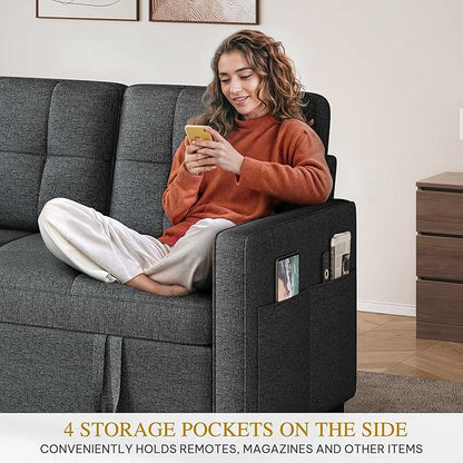 DWVO 55" Convertible Sofa Bed, 3-in-1 Sleeper Sofa with Pull-Out Bed, Linen Futon Couch with Adjustable Backrest and Side Pocket, Modern Loveseat for Living Room Apartment, Grey