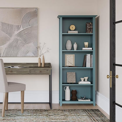 SIMPLIHOME Amherst Bookcase - 70 inch Tall 5-Shelf Solid Wood Bookshelf in French Blue, Transitional Storage for Living Room, Study Room or Office with Adjustable Shelves and Tapered Legs