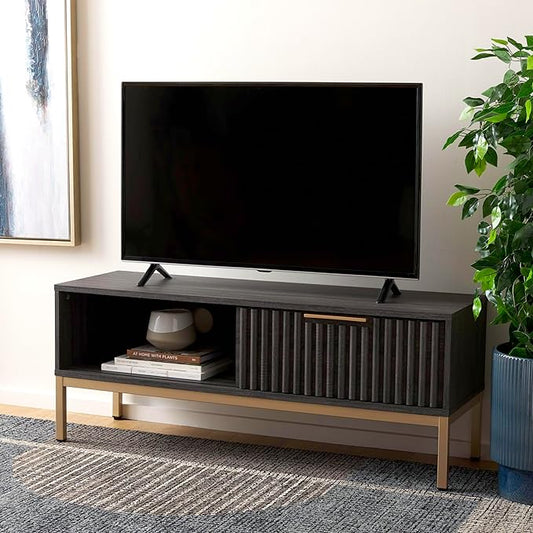 SAFAVIEH Lylia TV Stand for up to 55" Flatscreen – Distressed Black with Gold Legs & Handle, 1 Sliding Door, 1 Open Shelf, Entertainment Media Console (MED9617E)