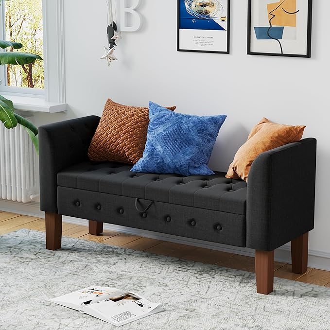Awonde Storage Bench for Bedroom End of Bed Button Tufted Upholstered Bench Storage Ottoman Bench with Arms 52" Settee Bench Gray Linen