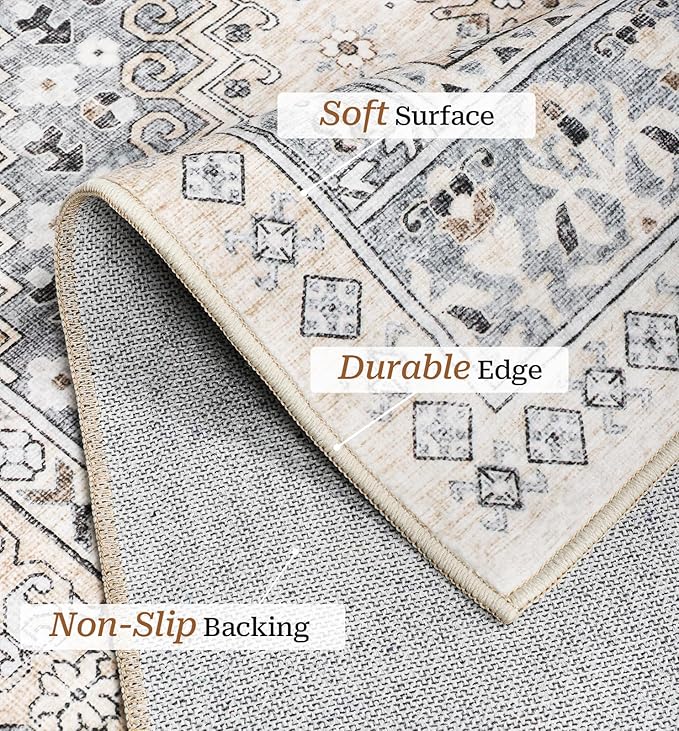 zesthome 8x10 Area Rugs for Living Room,Non-Slip Backing Washable Rugs,Vintage Large Area Rug，Stain Resistant Home Decor Rug (Beige,8'x10')