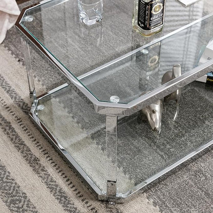 Glass Top Coffee Table, Sliver Rectangle Coffee Table Glass Top with 2 Tiers, Acrylic Leg, Chrome Frame, Modern Center Table for Living Room