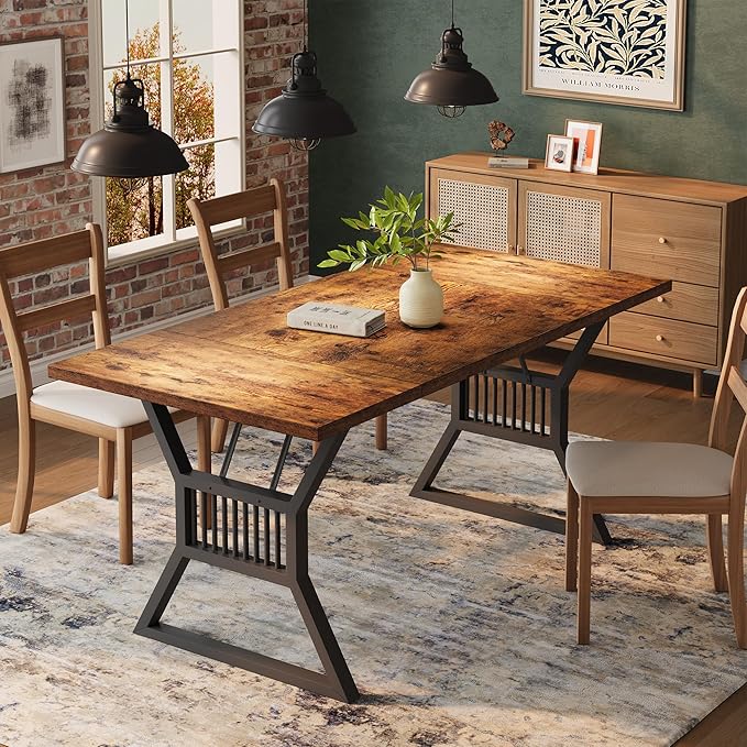 GarveeHome 70.8 Inch Dining Table 4-6 Person, Kitchen Table with Heavy Duty Metal Legs, Farmhouse Dining Room Table for Kitchen, Living Room