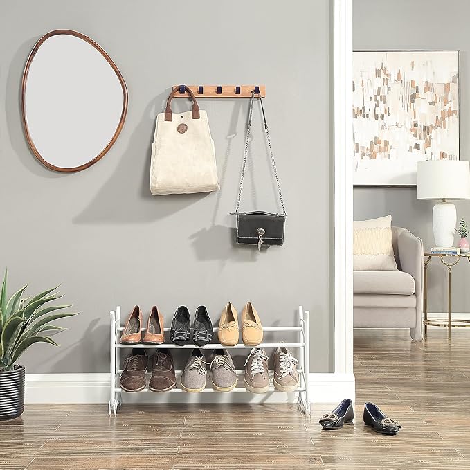 SunnyPoint Expandable & Stackable 2-Tier Shoe Rack – Adjustable Shoe Organizer for Entryway, Closet or Bedroom, Holds 4 to 8 Pairs, Space-Saving Metal Shoe Storage Shelf (17.5"–31.49" W) (WHT, 2 Tier)