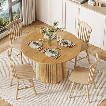 LITTLE TREE Round Wood Dining Table, 47-Inch Small Dining Table for 4, Modern Circle Kitchen Table with Wood Strip Base for Kitchen Living Room, Walnut