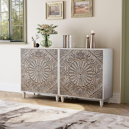 COSIEST Set of 2 32" Buffet Sideboard Cabinets with Storage, Accent Cabinet with Push-to-Open Doors, Vintage Flower Carved Pinewood Doors, Entryway Console for Living Room, Kitchen, Hallway, Gray