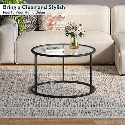SAYGOER Round Coffee Table Glass Small Coffee Tables for Living Room, 27.6 inch Modern Center Table for Office Apartment, 5 MM Tempered Clear Glass Top, Black Metal Frame