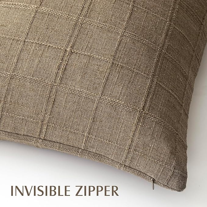 Foindtower Set of 2 Decorative Linen Check Throw Pillow Covers Neutral Farmhouse Vintage Cushion Covers Modern Boho Home Decor for Sofa Chair Couch Bedroom Living Room Outdoor,26×26 Inch,Light Brown