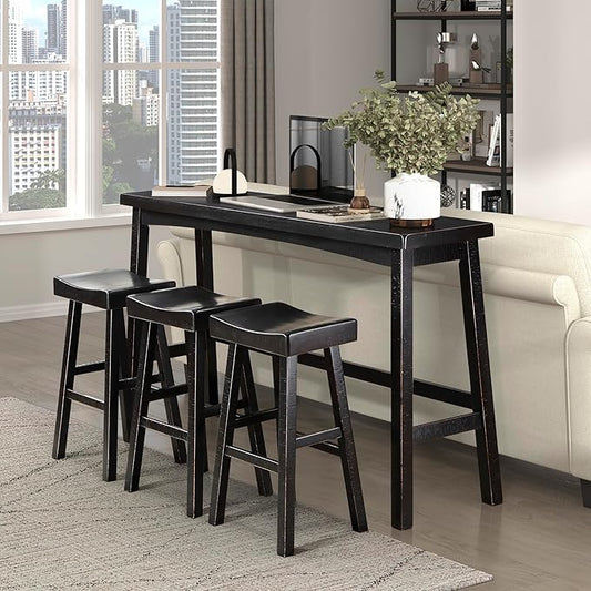 Lexicon Bar Table Set for 3, Small Kitchen Table Set Kitchen Island Table with 3 Saddle Bar Stools, 4 Piece Dining Table Set for Breakfast Nook, Living Room, Apartment, Pub Height, Black