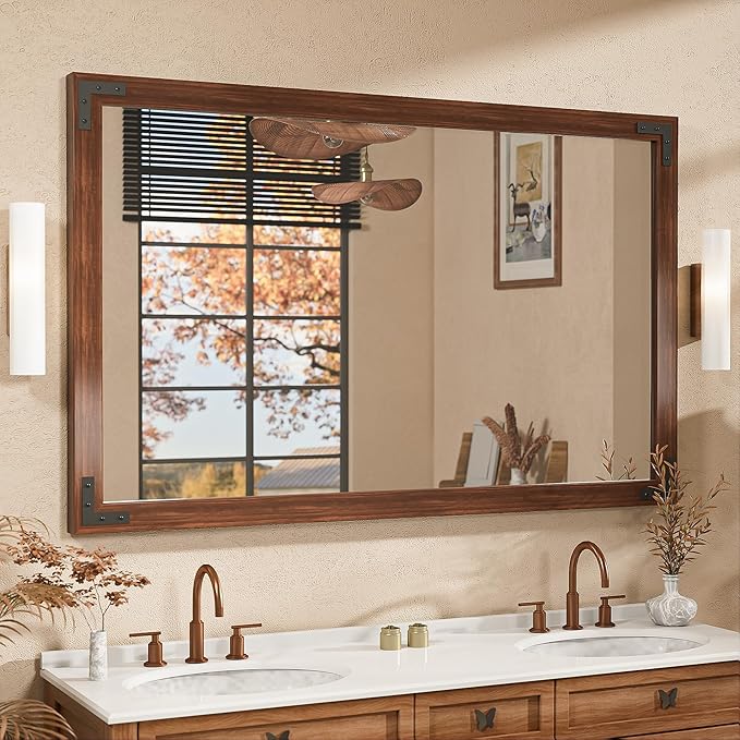 TETOTE 48 x 30 Walnut Wood Mirror for Bathroom Wall/Bedroom/Living Room/Entryway Farmhouse Rustic Wall Mirror Brown Waterproof (Horizontal/Vertical Mounted)