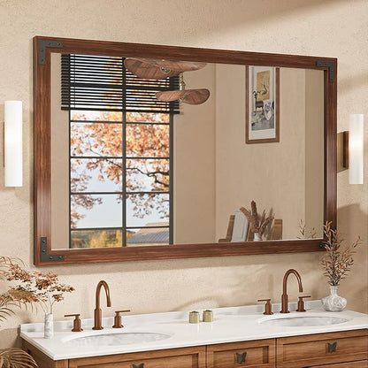 TETOTE 48 x 30 Walnut Wood Mirror for Bathroom Wall/Bedroom/Living Room/Entryway Farmhouse Rustic Wall Mirror Brown Waterproof (Horizontal/Vertical Mounted)