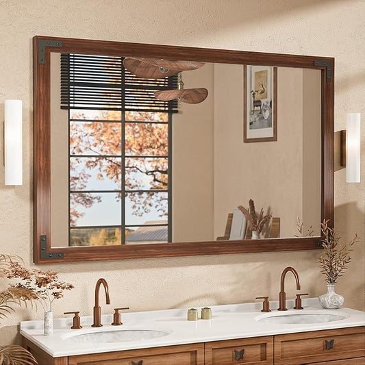 TETOTE 48 x 30 Walnut Wood Mirror for Bathroom Wall/Bedroom/Living Room/Entryway Farmhouse Rustic Wall Mirror Brown Waterproof (Horizontal/Vertical Mounted)