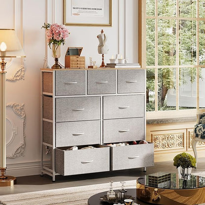 WLIVE 9-Drawer Dresser, Fabric Storage Tower for Bedroom, Hallway, Entryway, Closet, Tall Chest Organizer Unit with Fabric Bins, Steel Frame, Wood Top, Easy Pull Handle, Light Grey
