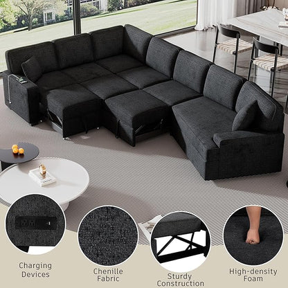 126" Extra Large Pull-Out Sofa Bed with Drop-Down Cup Holder Tables,L-Shaped Sectional Couch W/Charging Device,Convenient Sleeper Furniture Set for LivingRoom Apartment,Beige Chenille