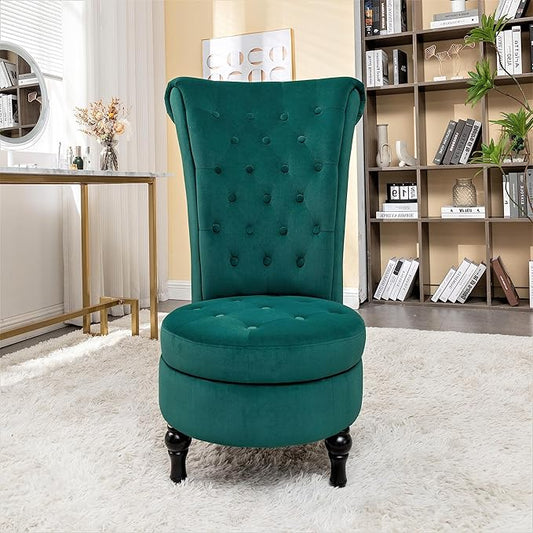 Container Furniture Direct Royal High-Back Velvet Accent Chair for Vanity with Storage and Luxurious Upholstery, Retro Design and Versatile Usage for Living Room, Bedroom, Lounge and Office, Green
