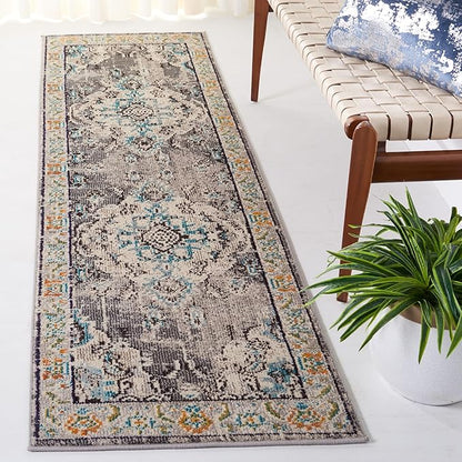 SAFAVIEH Monaco Collection Runner Rug - 2'2" x 16', Grey & Light Blue, Boho Chic Medallion Distressed Design, Non-Shedding & Easy Care, Ideal for High Traffic Areas in Living Room, Bedroom (MNC243G)