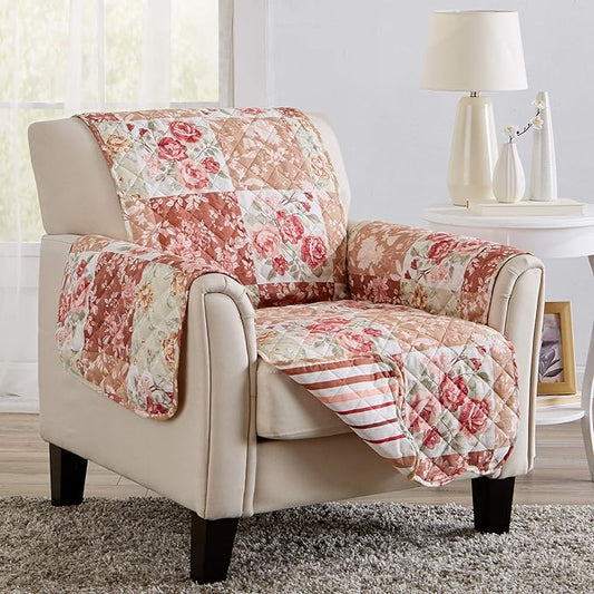 Great Bay Home Reversible Floral Patchwork Furniture Protector Scalloped Edge Stain Resistant Printed Furniture Protector Maribel Collection (Chair, Burgundy/Taupe)