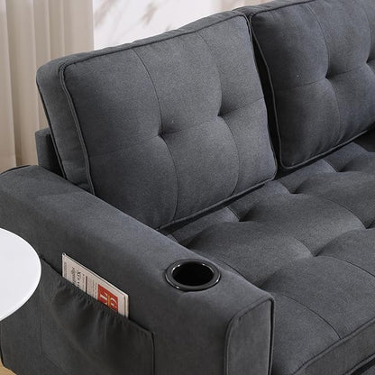 ERYE 3 Fold Tufted Upholstered Futon Sofa Bed Modern Convertible Foldable Floor Loveseat Sofabed with Pull Out Sleeper Couch Daybed W/Cupholders and Pockets for Living Room