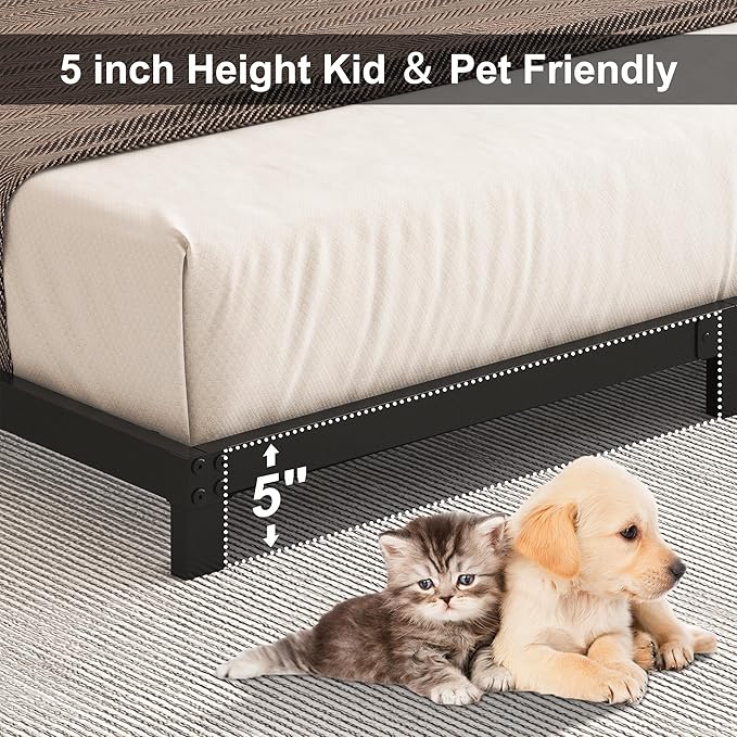 5 Inch Low King Size Bed Frame, Heavy Duty Bed Frame King Size Low Profile, No Box Spring Needed, Easy Assembly, Noise Free, Black