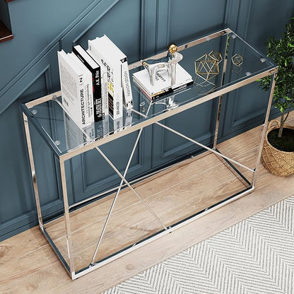 OIOG Glass Console Table for Entryway, Modern Sofa Table with Temperes Glass Tabletop and Chrome Frame, Silver Entryway Table for Living Room, Hallway, Dining Room, Home Office