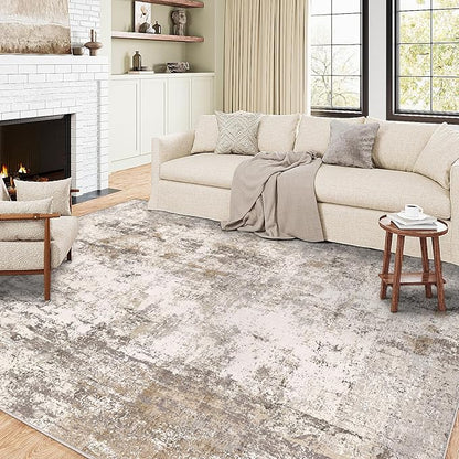 5x7 Washable Area Rug Brown Grey Neutral Abstract Living Room Bedroom Throw Rug Non Slip Soft Low Pile Indoor Floor Carpet for Dining Room Kitchen Office Entryway Home