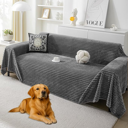 HAOMAIJIA Faux Fur Sofa Covers Couch Covers for 2 Cushion Couch Sofa Pet Friendly Soft Non Slip Couch Cover for Dogs Washable Sectional Couch Covers L Shape Furniture Protector (Grey, 91"x118")