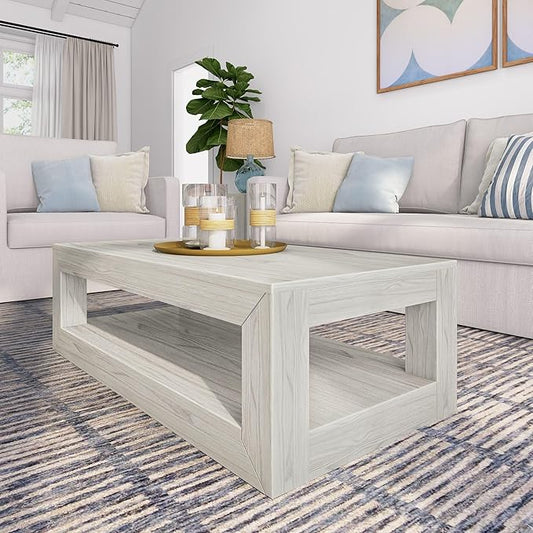 Plank+Beam 40" Modern Rectangular Coffee Table with Shelf, Solid Wood Center Table with Storage, 2 Tier Tea Table for Living Room, White Sand Wirebrush